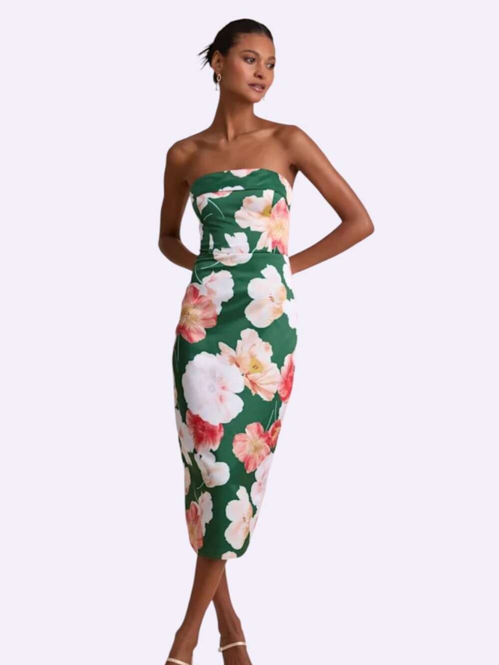 Lulus Size XS Oriana Dark Green Floral Satin Strapless Midi Dress w Lace-up Back